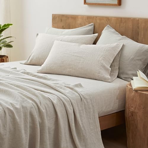 ATLINIA 100% Pure Flax Linen Bedding Set - Stone Washed French Linen Fabric Deep Pocket Fitted Sheet Farmhouse Flat Sheet 2 Pillowcases (Natural, King) ATLINIA