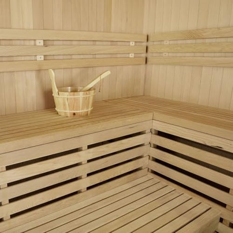 Customize Indoor Steam Sauna, 4-8 Person, Pentagon Design with Electric Sauna Heater, Canadian Hemlock/Red Cedar, WiFi Control Option, Double Level Bench, 8 mm Tempered Glass, 7-Color Lights, 220V ZONEMEL