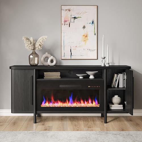 BELLEZE 66" TV Stand with 36" Electric Fireplace, Wood Console Table for TVs up to 75 Inches, Entertainment Center with Storage Cabinets for Living Room, Bedroom - Portman (Espresso Black)