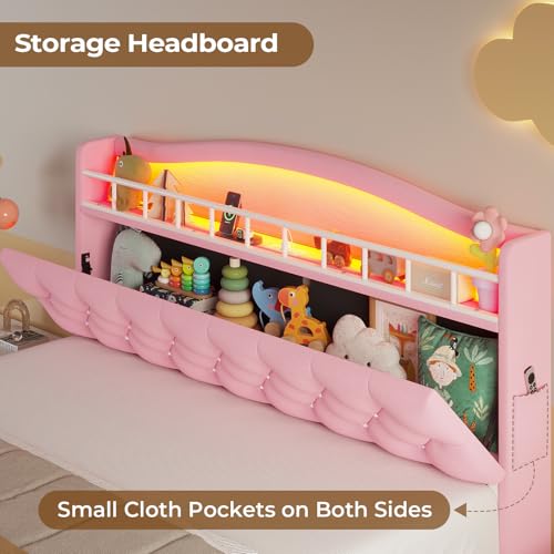 HAUOMS Full Bed Frame with LED Lights, Princess Velvet Upholstered Platform Bed for Girls, Headboard with Charging Station & Guardrail & Crystal Button, No Box Spring Needed, Pink HAUOMS