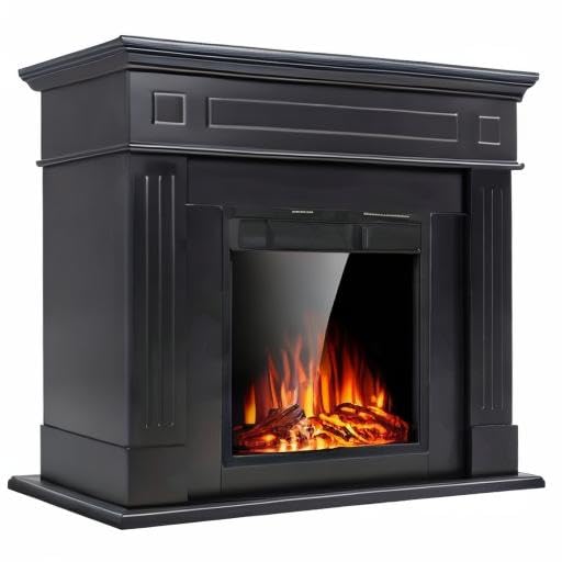 JAMFLY Electric Fireplace Mantel Package Wooden Surround Firebox TV Stand Free Standing Electric Fireplace Heater with Logs, Adjustable Led Flame, Remote Control, 750W-1500W (Black) 1 JAMFLY