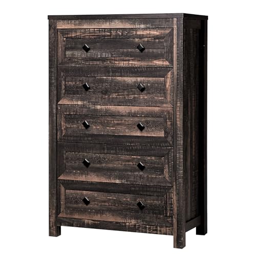 VanAcc 5 Tall Dresser for Bedroom with Drawers, Tall Chest of Drawers with Vintage Grain Texture, Farmhouse Wood Dresser for Bedroom, Living Room, Hallway, Dark Oak - WoodArtSupply