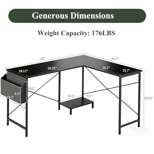Sagenest L Shaped Desk, 50 Inch Reversible Computer Desk Corner Gaming Table with CPU Stand & Storage Bag, Sturdy Metal Frame PC Workstation for Home Office SageNest