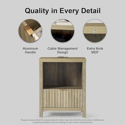 OAKHAM HOME Night Stand Set of 2, Fluted Nightstand with Charging Station Bed Side Table End Table with Drawer Storage Mid Century Wood Night Stands for Bedroom Living Room (Sunwashed Ash Oak) OAKHAM HOME