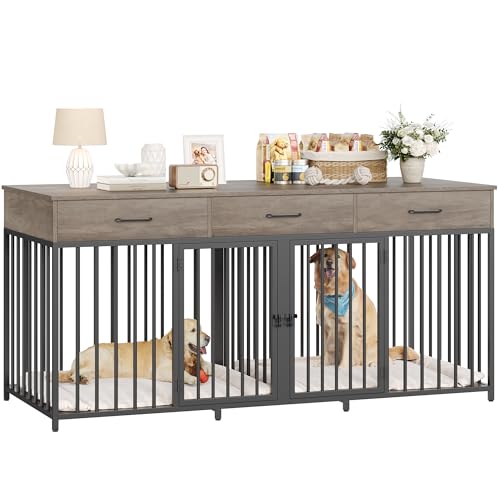 HOSTACK Double Dog Crates Furniture, 71" Wide Indoor Dog Kennel with 3 Drawers, Farmhouse Dog Cage for 2 Large/Medium Dogs, Heavy Duty Dog Crate with Removable Divider, Wooden Pet House, Ash Grey HOSTACK