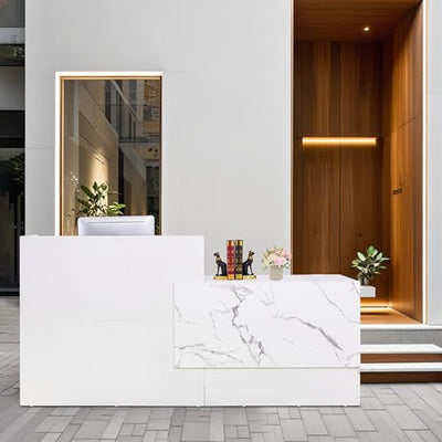 86.8" Modern Reception Desk, Large Front Table with Lockable Drawer,Keyboard Tray and Shelves,Receptionist Desk for Corporate and Hotel Lobbies (Marble White, 86.8" Lx23.5 Wx43.3 H)