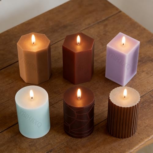 YRIHJIXQ 6Pcs Silicone Candle Molds Set Cylinder & Hexagon & Square Pillar Candle Molds with Different Textures for DIY Soy Wax Candles Resin Soap Plaster Home Decor 2.83in