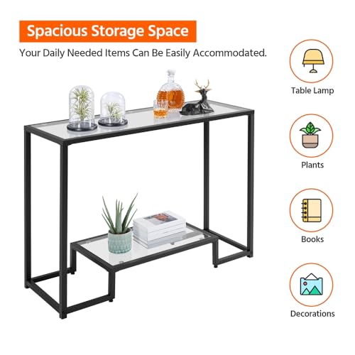 Yaheetech 42 Inch Console Table, Tempered Glass Entryway Table, 2-Tier Sofa Tables with Storage Shelves, Entrance Tables for Hallway Living Room, Black Yaheetech