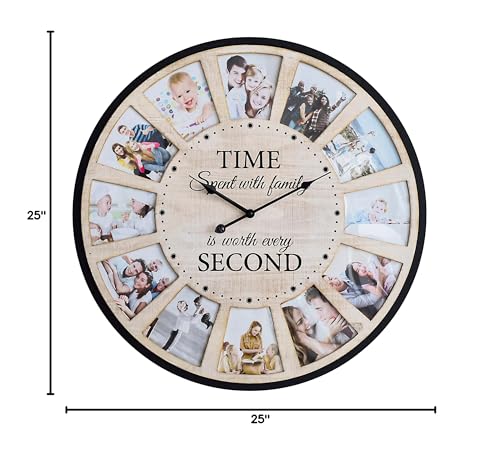 JUMBO HUMBLE 12 Photo Collage Rustic Farmhouse Wood Wall Clock, Large Oversized Wall Clock for Home, Kitchen, Living Room, Silent Battery Powered 25 Inch Natural JUMBO HUMBLE