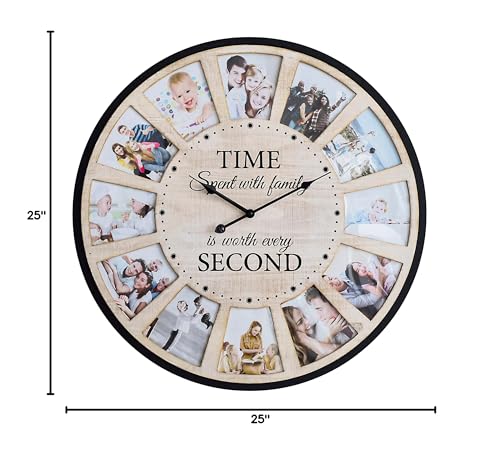 JUMBO HUMBLE 12 Photo Collage Rustic Farmhouse Wood Wall Clock, Large Oversized Wall Clock for Home, Kitchen, Living Room, Silent Battery Powered 25 Inch Natural - WoodArtSupply