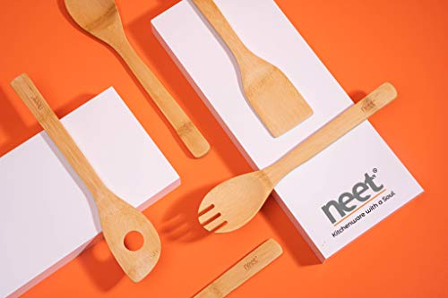 Neet Wooden Spoons For Cooking 6 Piece Organic Bamboo Utensil Set With Holder Wood Kitchen Utensils Spatula Spoon For High Heat Stirring In Nonstick Pots & Pans Quality Gift & Everyday Use NEET