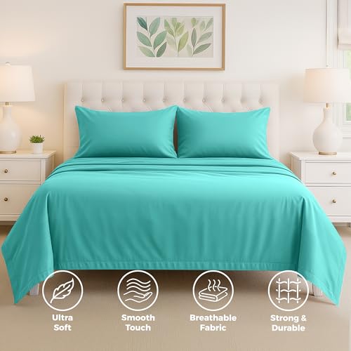 Pure Bedding Bed Sheets - King Sheet Set [4-Piece, Aqua] - Hotel Luxury 1800 Brushed Microfiber - Soft and Breathable - Deep Pocket Fitted Sheet, Flat Sheet, Pillow Cases Pure Bedding