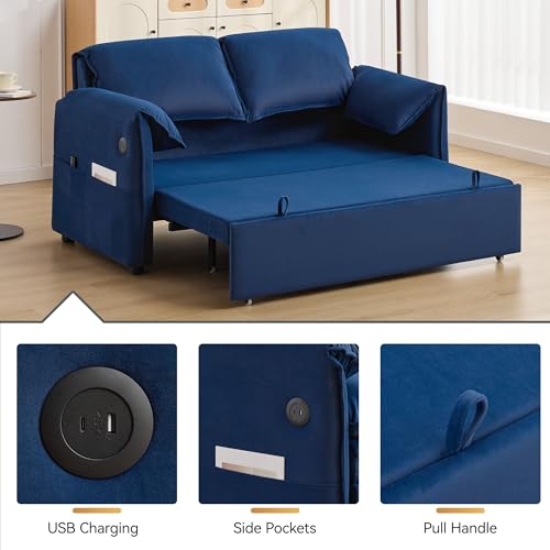 Hatppto 63" Velvet Pull Out Sofa Bed, 3-in-1 Convertible Futon Loveseat Queen Sleeper Sofa Couch Bed with Adjustable Backrest, USB Ports & Side Pockets, Modern Sofas for Living Room, Apartment, Blue Hatppto