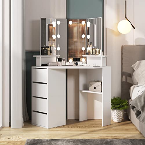 Vabches Corner Vanity Desk with Lighted Mirror & Power Strip,White Makeup Vanity Table with Lights,42 inch Corner Vanity Mirror with Lights and 4 Drawer, 3 Lighting Modes, Brightness Adjustable Vabches