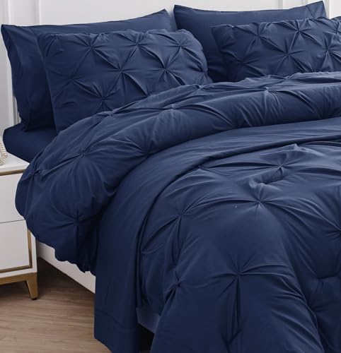LANE LINEN Queen Comforter - Set of 7 Piece - Pintuck Stitch Design Bedding with 1 Comforter, 1 Flat Sheet, 1 Fitted Sheet, 2 Pillowcases & 2 Shams - Soft, Warm & Cozy Bedding Collection – Navy Blue LANE LINEN