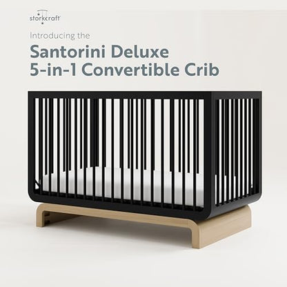 Storkcraft Santorini Deluxe 5-in-1 Convertible Crib with Bonus Toddler Guardrail (Black with Driftwood) – GREENGUARD Gold Certified, Toddler Guardrail Included in Box, Fits Standard Crib Matt - WoodArtSupply