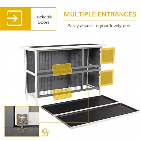 PawHut 54" 2-Story Large Rabbit Hutch Bunny Cage Wooden Pet House Small Animal Habitat with Lockable Doors, No Leak Tray and Waterproof Roof for Outdoor/Indoor Dark Grey PawHut