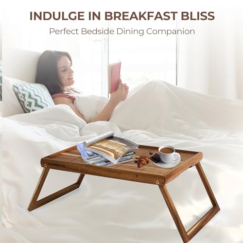 PANDAWOOD Wooden Bed Tray Table with Folding Legs - 100% Acacia Wood Breakfast Tray - Folding Bed Table Tray for Eating and Laptop - Large Bed Desk - Foldable Lap Desk for Laptop on Couch or Bed PANDAWOOD