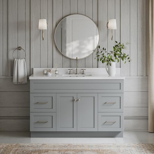 ARIEL 55" Grey Bathroom Vanity 1.5" Edge Pure White Quartz Countertop & Splash, Rectangular Sink, 2 Soft Closing Doors, 4 Full Extension Dovetail Drawers, Built in Toe Kick ARIEL