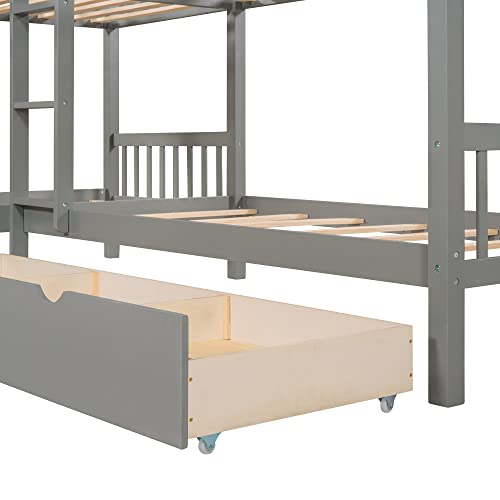 L-Shaped Quad Bunk Bed, Four Bunk Bed Twin Over Twin with Angle Ladder,Wooden Corner 4 Bed Bunk Bed Compatible with, Teens, Adults, No Box Spring Needed (Twin, Grey) ，Queen Bed TMAXX