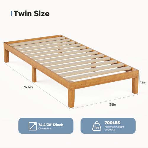 DUMOS Solid Wood Bed Frame, Twin Size Bed Base with Wood Slat Support, Sturdy, Stylish & Noise-Free Design, No Box Spring Needed, Easy Assembly, 12 in Natural Pine DUMOS