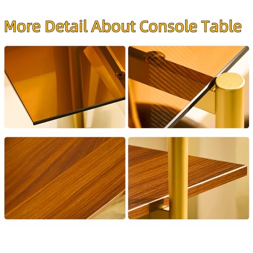 Saint Mossi 2-Tier Brown Console Table for Living Room, Modern Narrow Entryway Table, Glass Sofa Table for Hallway, Foyer, Corridor, Office, Brown Glass Top & Gold Frame, D41×H31xW13 SM Saint Mossi