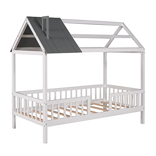 Merax Twin House Bed for Kids - Fun House-Shaped Platform Bed Frame with Roof, Windows, and Safety Rails in White and Grey Merax