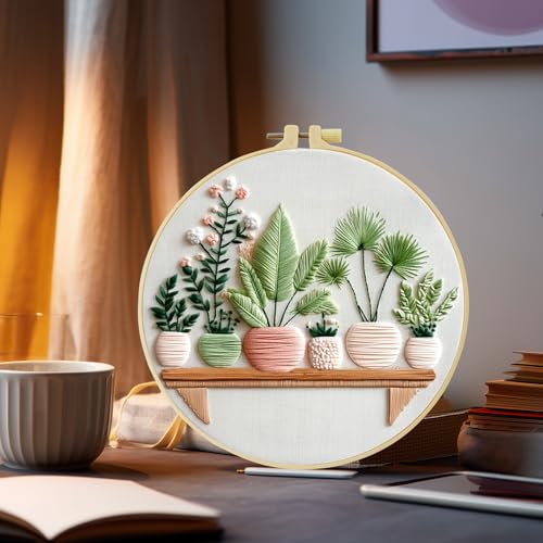 Embroidery Kit for Beginners & Adults,Green Plant Pattern Embroidery Kit Include Embroidery Cloth Hoops Threads for Craft Lover Hand Stitch with Embroidery Skill Techniques,Perfect Handmade Gift