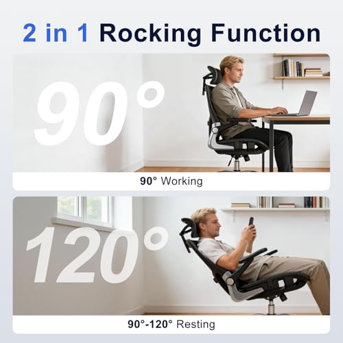 marrap Ergonomic Office Chair, Mesh Seat Cushion with 3D Armrests and 3D Headrest, Adjustable Lumbar Support with 90-120° Rocking Function, SGS Class 4 Gas Clylinder, Black marrap