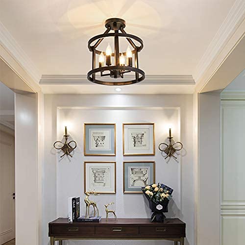 UOFUS Metal Semi Flush Mount Ceiling Light Fixture 4 Candle Holder Matte Chandelier Farmhouse Ceiling Lamp for Dining Room Bedroom Kitchen Hallway Entryway（Black） UOFUS