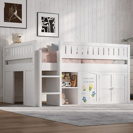 Harper & Bright Designs Low Loft Bed Full Size with Storage, Solid Wood Loft Bed with Cabinet and Chalkboard Panel, Multiple Functions Loft Bed Frame for Kids Teens Adults, White Harper & Bright Designs