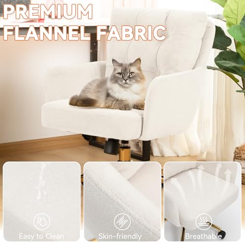 BALIAA Flannel Office Chair, Comfy Home Office Desk Chairs with Lumbar Support, Modern Velvet Desk Chair Gold Legs Small Swivel Task Chair for Home Office, Bedroom, Study (Beige, L) BALIAA