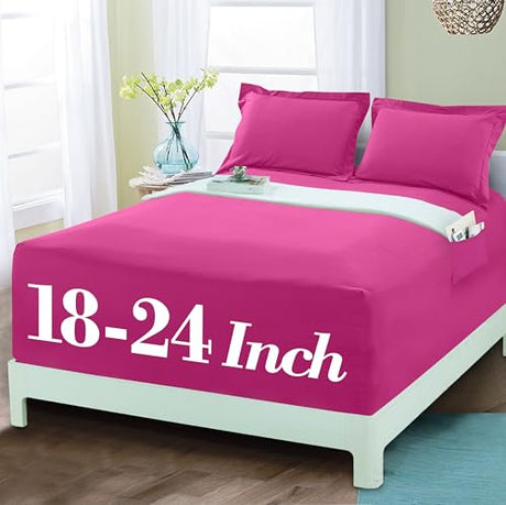 Mocassi Luxury 1800 Premium Hotel Quality Single Fitted Sheet - Ultra Soft, Wrinkle Resistant Microfiber 18-24 Inch Extra Deep Pocket with Storage Pockets Fitted Sheet, Queen, Hot Pink Mocassi