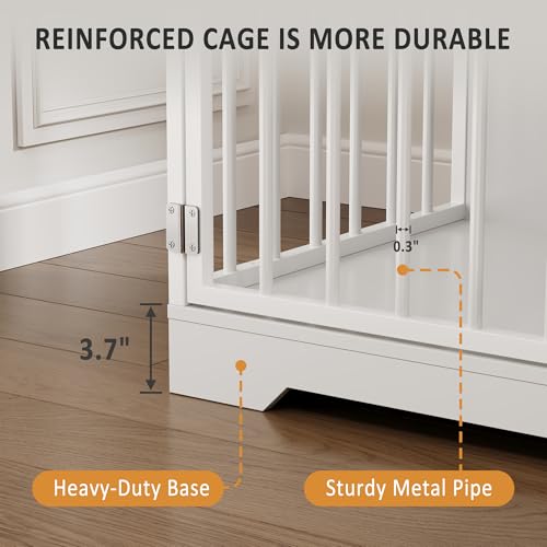 48'' Dog Crate Furniture, Farmhouse Heavy Duty Dog Kennel with Bowl & Storage Drawers, Medium Dog Cage End Table for Small Medium Dogs, White GarveeLife