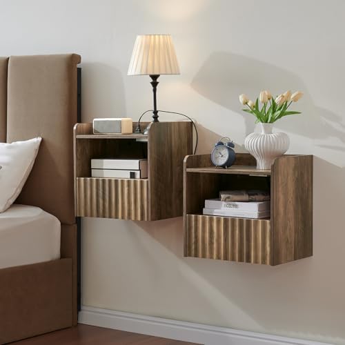 BuildHom Modern Fluted Floating Nightstand Wall Mounted Set of 2- Bedside Table with Storage Drawer & Display Shelf, Minimalist Bedroom Furniture for Studio Apartments(Rustic Brown) BuildHom