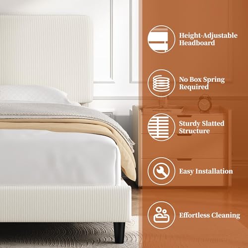 Yaheetech Full Size Bed Frame with Adjustable Headboard, Chenille Fabric Upholstered Headboard/Platform Bed, Full Bed Frame No Box Spring Needed/Wood Slats Support/Easy Assembly/Beige Yaheetech
