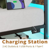 PUNICE Twin Size Bed Frame with Charging Station, LED Light Metal Bed Frame with Wooden Headboard, No Box Spring Required, No Noise, Easy Assembly, Rustic Brown PUNICE