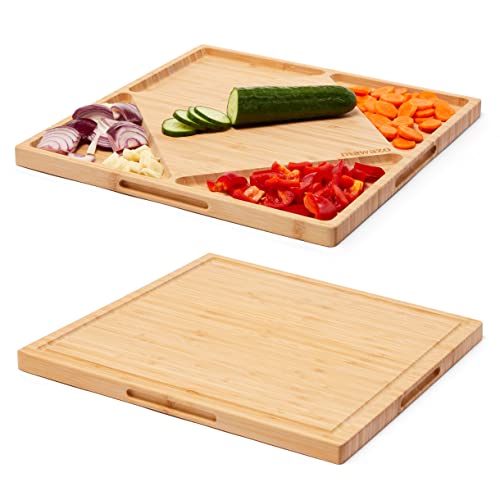 Mawazo Large 100% Organic Bamboo Cutting Board with Containers, Cheese Board & Serving Platter, Reversible Wooden Cutting Board for Kitchen, 14 x 14" - WoodArtSupply