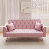 Modern Velvet Sofa Bed Futon with 2 Pillows,2-in 1 Convertible Sleeper Couch Bed,Folding Recliner Loveseat with Golden Metal Legs for Living Room Apartment Office (Light Pink) Anwick