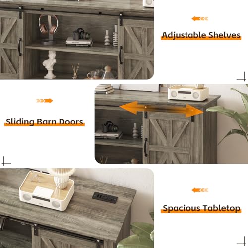 Garvee Home Farmhouse TV Stand for 75 in Television, Wood Entertainment Center with Storage & Barn Doors, Adjustable Shelf Media TV Console Table Cabinet for Living Room, 66 in Large, Grey Garvee