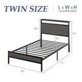 Fluest Twin Bed Frame with Headboard & Footboard, Twin Bed Frame with Charging Station & LED Light, Under-Bed-Storage, No Box Spring Needed, Noise Free, Easy Assembly, Rustic Grey Fluest