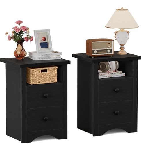 YESHOMY Nightstand Set of 2, Farmhouse Night Stand with 2 Storage Drawers and Open Shelf, Bedside Tables for Bedroom Small Space, Black YESHOMY