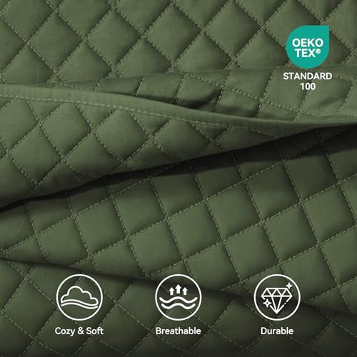 SunStyle Home Quilt Set Twin Olive Green Lightweight Comforter Bedspread Soft Reversible Coverlet for All Season 2pcs Army Green Durable Diamond Quilted Bedding Set (1 Quilt 1 Pillow Sham)(68"x86") SunStyle Home