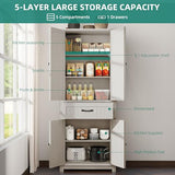 YITAHOME 72.6" H Farmhouse Kitchen Pantry Cabinet, Freestanding Tall Storage Cabinet with 4 Doors, Drawer and Adjustable Shelves, Tall Cupboard for Dining Room, Living Room, White Oak YITAHOME