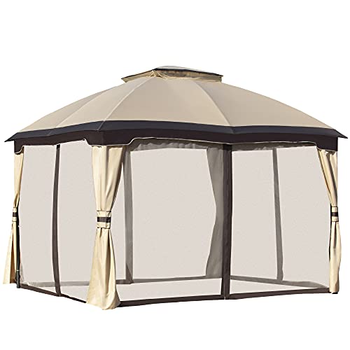 Outsunny 10' x 12' Outdoor Gazebo, Patio Gazebo Canopy Shelter w/Double Vented Roof, Zippered Mesh Sidewalls, Solid Steel Frame, Beige Outsunny