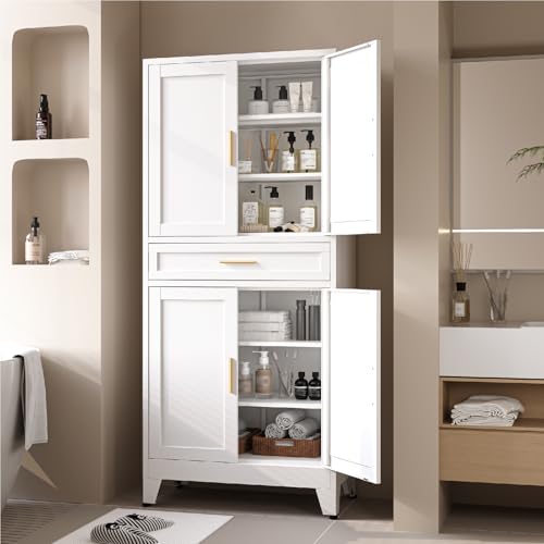 XIOMIOHTRQ Metal Storage Cabinet, 71” Tall Kitchen Pantry Cabinets, Steel File Cabinet with 4 Doors & Adjustable Shelves and Drawer for Kitchen, Dining Room, Living Room, Bathroom XIOMIOHTRQ