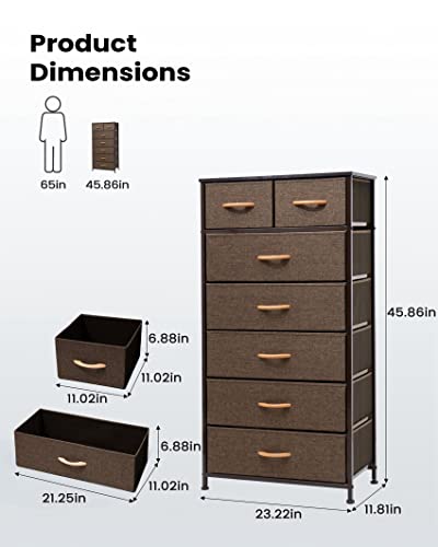 Pellebant Dresser for Bedroom with 7 Drawers, Tall Dresser Vertical Storage Tower, Sturdy Metal Frame, Fabric Storage Bins with Wooden Handle and Wooden Top, Organizer Unit for Closet/Hallway, Brown Pellebant