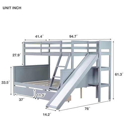 PVWIIK Twin Over Full Bunk Bed with Slide & 2 Drawers for Boys,Girls Bedroom,Rubber Wood Bed Frame W/Storage Shelves for Adult,Teenagers,No Box Spring Needed, Grey PVWIIK