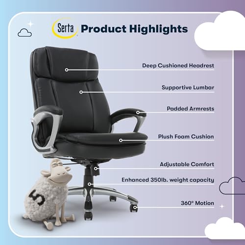 Serta Fairbanks Big & Tall Executive Office Chair, Ergonomic Comfy High-Back ComputerChairs with Lumbar Support, Semi-Plush Seat Cushion, Padded Armrests, Nylon Swivel Base, Bonded Leather, Black Serta