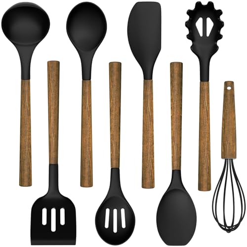 Silicone Cooking Utensil Set, Umite Chef 8-Piece Kitchen Set with Natural Acacia Wooden Handles,Food-Grade Silicone Heads-Silicone Kitchen Gadgets Spatulas Set for Nonstick Cookware- Black Umite Chef